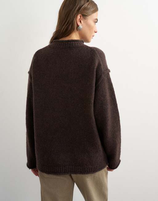 Topshop knitted wool blend roll edge chunky jumper in chocolate, 4 of 4