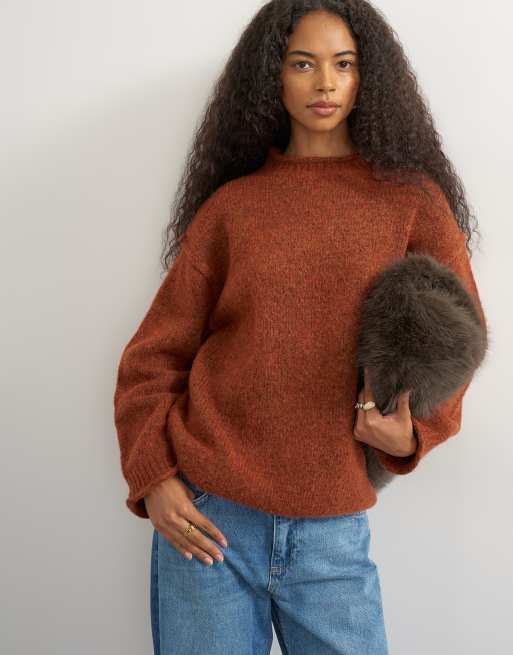 Topshop knitted wool blend roll edge chunky jumper in cinnamon, 3 of 4