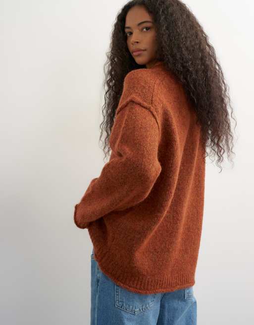 Topshop knitted wool blend roll edge chunky jumper in cinnamon, 4 of 4
