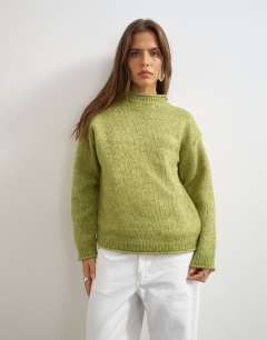 Knitted wool blend roll edge chunky jumper in green