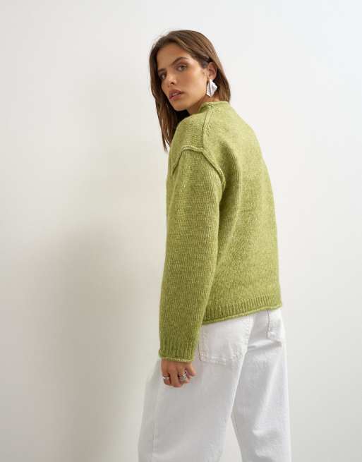 Topshop knitted wool blend roll edge chunky jumper in green, 3 of 4