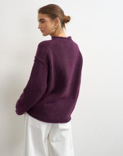 Model wearing Knitted wool blend roll edge chunky jumper in mulberry