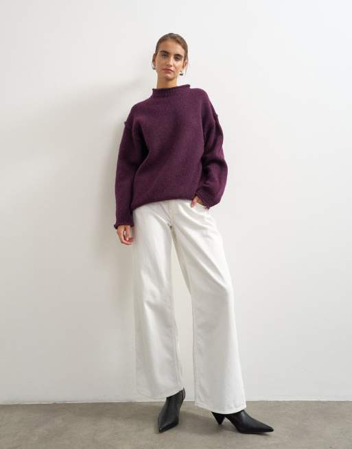 Topshop knitted wool blend roll edge chunky jumper in mulberry, 4 of 4