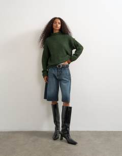 Knitted wool blend roll edge chunky jumper in olive