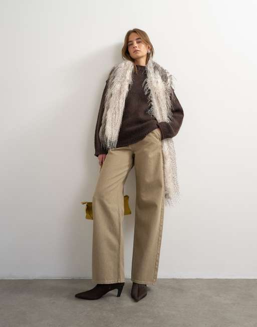 Topshop knitted wool blend roll edge chunky sweater in chocolate, 2 of 4