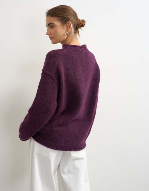 Topshop knitted wool blend roll edge chunky sweater in mulberry, 3 of 4