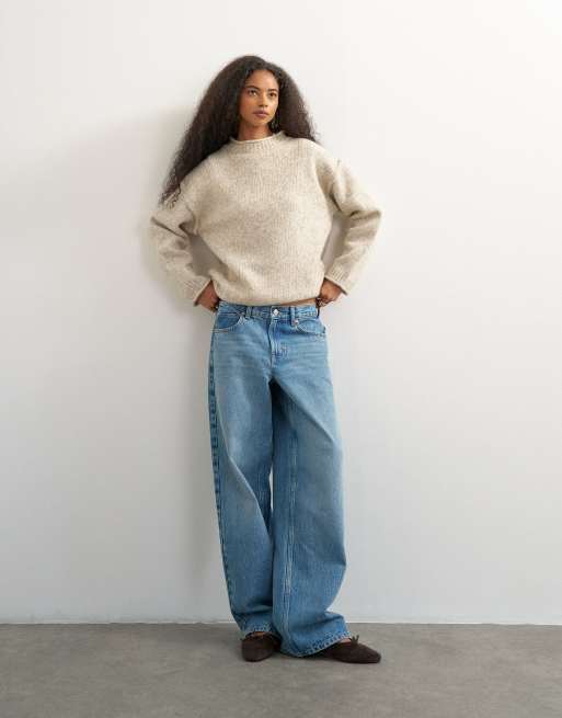 Topshop knitted wool blend roll edge longline chunky jumper in oat, 3 of 4