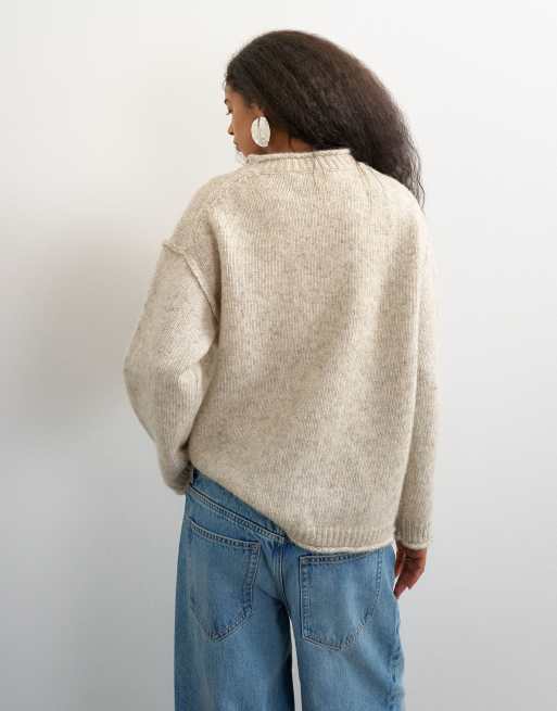 Topshop knitted wool blend roll edge longline chunky jumper in oat, 4 of 4