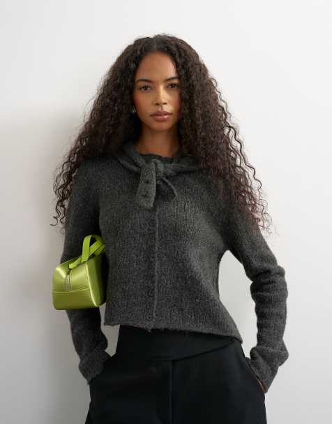 Topshop knitted wool-blend scarf cardigan in charcoal - view 1