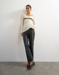 Model wearing Knitted wool blend scoop neck collared rib top in ecru stripe
