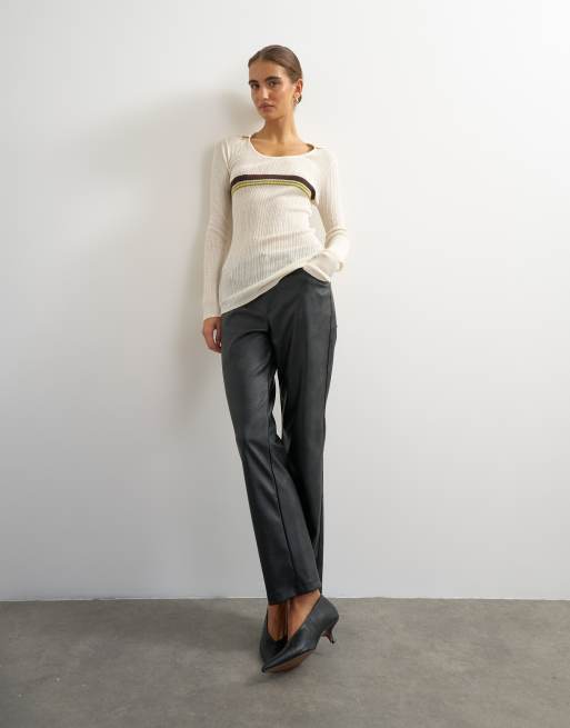 Topshop knitted wool blend scoop neck collared rib top in ecru stripe, 2 of 4