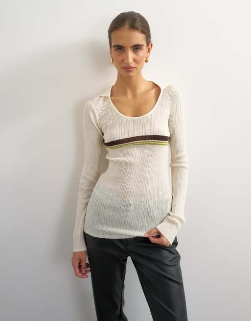 Topshop knitted wool blend scoop neck collared rib top in ecru stripe, 3 of 4