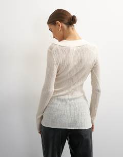Model wearing Knitted wool blend scoop neck collared rib top in ecru stripe