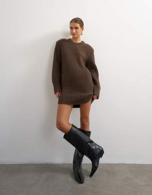 Topshop knitted wool blend slouchy ribbed mini dress with shoulder padding in ch
