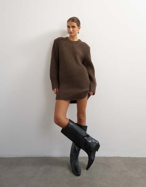 Topshop knitted wool blend slouchy ribbed mini dress with shoulder padding in chocolate brown - view 1