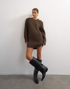 Knitted wool blend slouchy ribbed mini dress with shoulder padding in chocolate brown