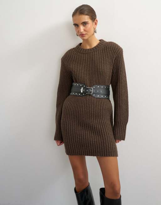 Topshop knitted wool blend slouchy ribbed mini dress with shoulder padding in chocolate brown, 2 of 4