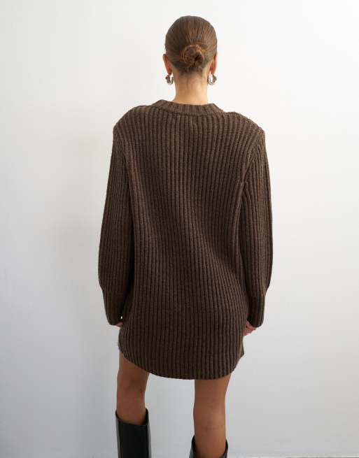 Topshop knitted wool blend slouchy ribbed mini dress with shoulder padding in chocolate brown, 4 of 4