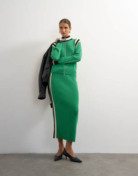 Topshop knitted wool blend sporty pencil contrast panel co-ord skirt in green - view 1