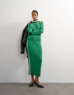 Knitted wool blend sporty pencil contrast panel co-ord skirt in green