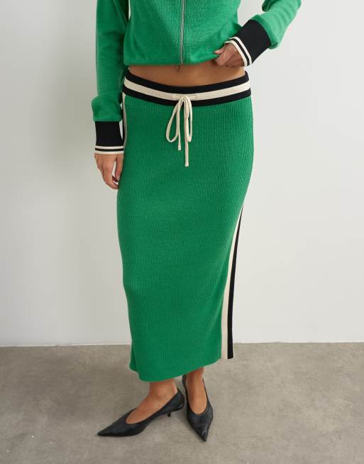 Topshop knitted wool blend sporty pencil contrast panel co-ord skirt in green, 2 of 5
