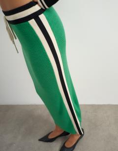Model wearing Knitted wool blend sporty pencil contrast panel co-ord skirt in green