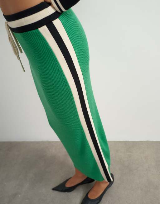 Topshop knitted wool blend sporty pencil contrast panel co-ord skirt in green, 4 of 5