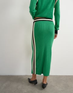 Model wearing Knitted wool blend sporty pencil contrast panel co-ord skirt in green