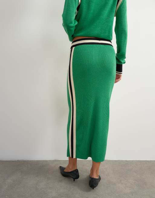 Topshop knitted wool blend sporty pencil contrast panel co-ord skirt in green, 5 of 5