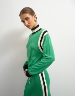 Knitted wool blend zip through funnel neck contrast panel co-ord jacket in green