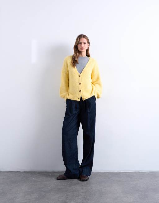 Topshop knitted wool brushed fluffy v-neck cardigan in yellow, 2 of 4