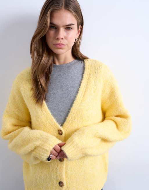 Topshop knitted wool brushed fluffy v-neck cardigan in yellow, 3 of 4
