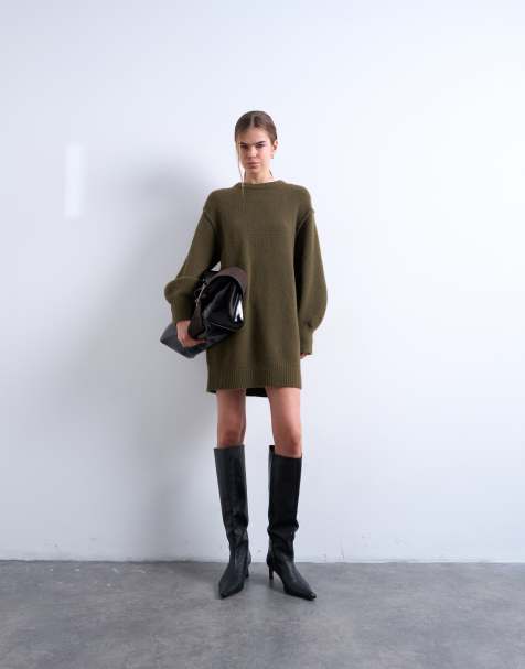 Topshop knitted wool crew neck mini dress in khaki - view 1
