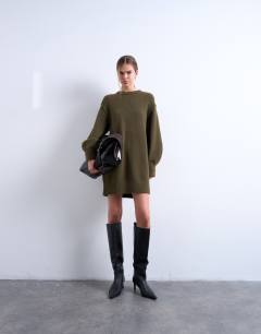 Knitted wool crew neck mini dress in khaki