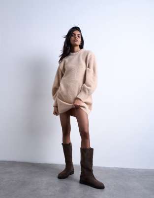 Knitted wool crew neck mini dress in oat