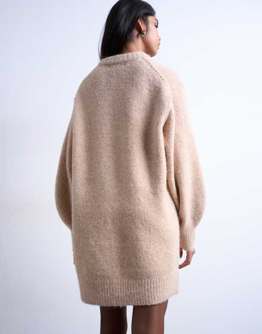 Topshop knitted wool crew neck mini dress in oat, 2 of 4