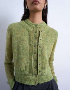 Model wearing Knitted wool double layer cardigan in green