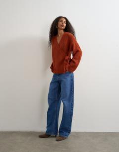 Model wearing Knitted wrap boxy cardigan with wool in cinnamon