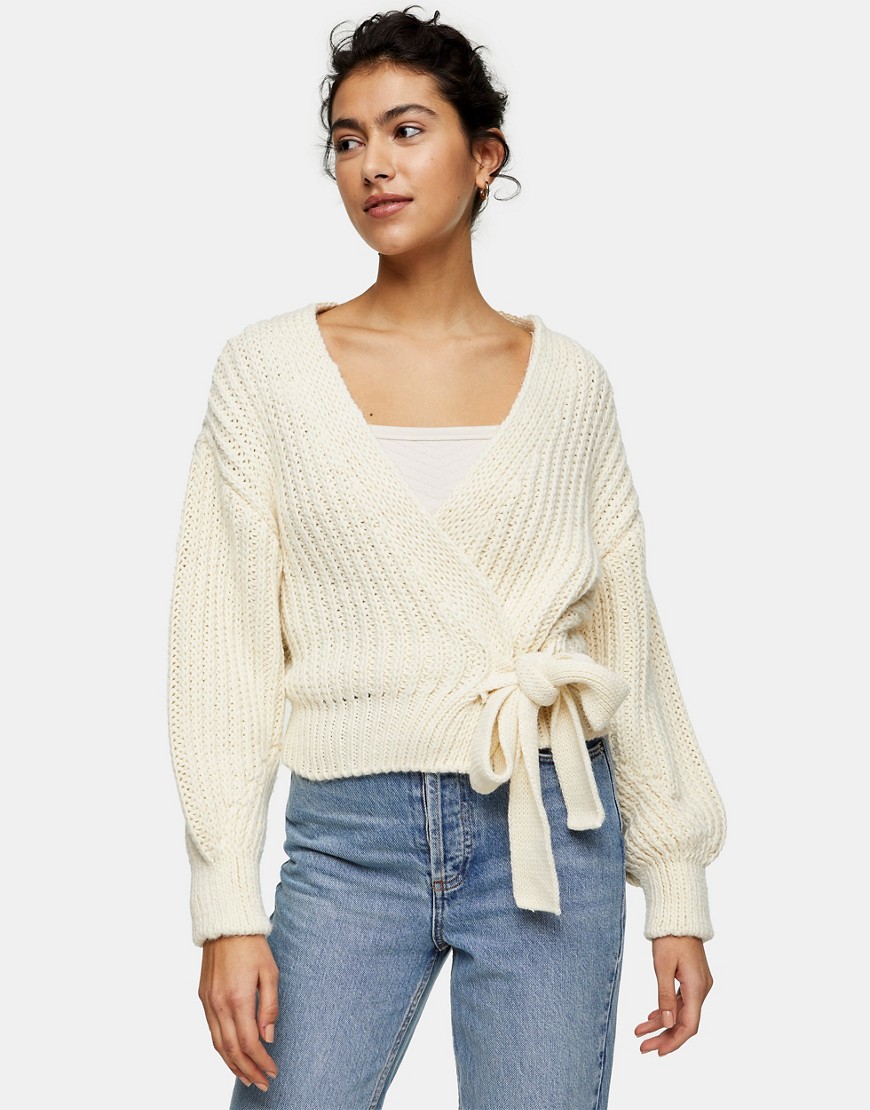 Topshop knitted wrap cardigan in cream-White