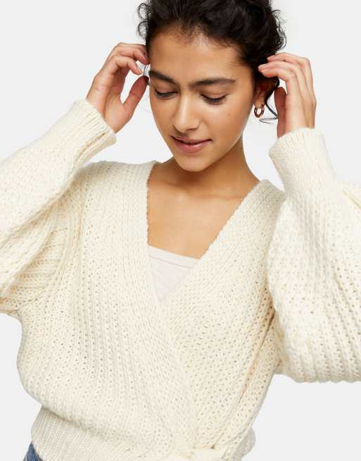 Topshop knitted wrap cardigan in cream