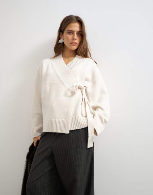 Topshop knitted wrap tie waist cardigan with wool in ivory, 3 of 4