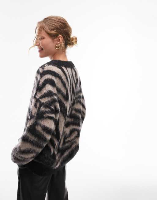 Topshop knitted zebra print fluffy sweater in neutral ASOS