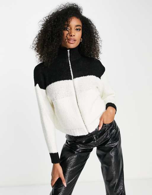 Topshop knitted zip color block boucle sweater in monochrome
