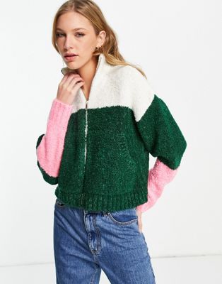 Topshop knitted zip colour block boucle cardigan in multi