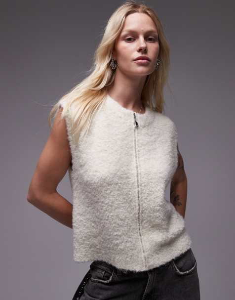 Topshop knitted zip through boucle crew neck vest in ivory - view 1