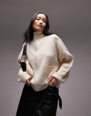 Topshop knitted zip through fluffy cardi with pockets in ivory - ASOS Price Checker