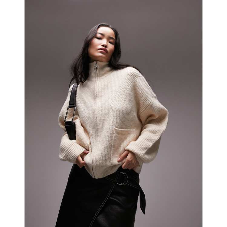 Topshop knitted zip through fluffy cardi with pockets in ivory | ASOS