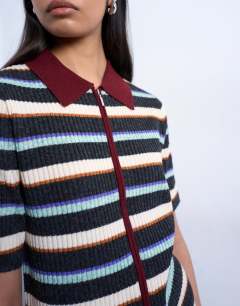 Model wearing Knitted zip through multi stripe co-ord polo in burgundy