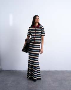 Model wearing Knitted zip through multi stripe co-ord polo in burgundy