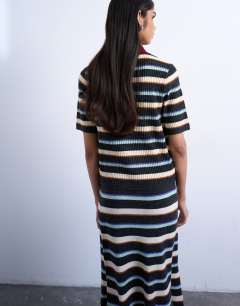 Model wearing Knitted zip through multi stripe co-ord polo in burgundy